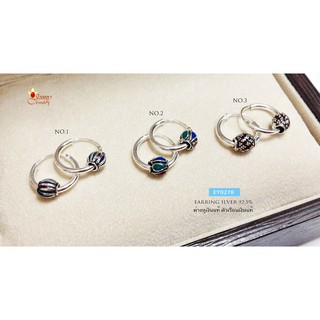 ต่างหูเงินแท้ แบบห่วงกลม คล้องเม็ดปะคำลงยา งานรมดำ EY0278