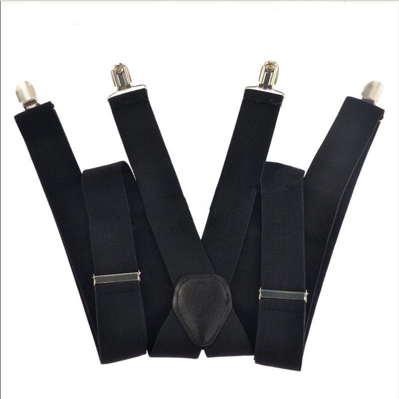 Mens Unisex Elastic Suspenders Leather Braces XBack ปรับ Clip-on สีดํา