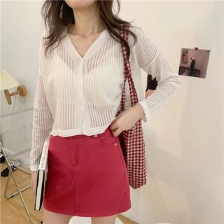 Cicishop(Y5698)เสื้อคลุมแขนยาวไหมพรม คอวี ซีทรูบางๆ ใส่สบาย