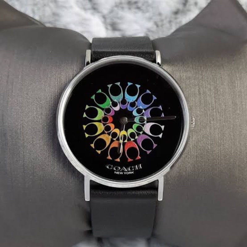 (ผ่อน0%) นาฬิกา 🔻Coach Perry Quartz Black Multi-Colored Dial Ladies Watch 14503289 34mm. สายหนังแท้สีดำ หน้าปัดสีรุ้ง