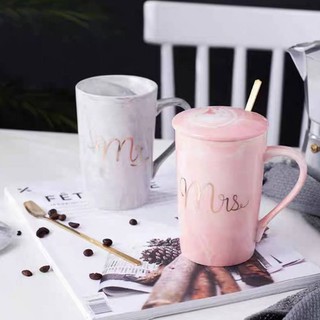 แก้วเซรามิค Mr.-Mrs.ceramic ลายหินอ่อน แก้วกาแฟ แก้วพร้อมฝาและช้อน 380 ml.