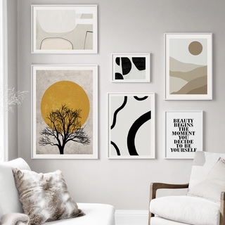 ภาพวาดผ้าใบโปสเตอร์ Abstract Landscape Wall Art Tree Sun Desert สไตล์นอร์ดิกสําหรับตกแต่งผนัง