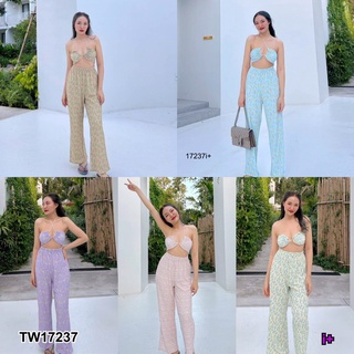 17237 set เสื้อเกาะอก คล้องคอ + กางเกงขายาว ผ้าอัดพลีทพิมพ์ลาย Halter neck top + long pants, printed pleated fabric