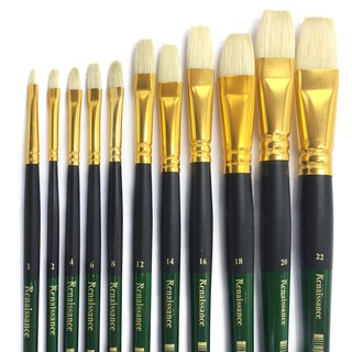 พู่กัน สี น้ำมัน เรนาซองค์ อย่างดี ด้าม เขียว หัว แบน Renaissance Oil Color Brush 1 - 22 ทุกเบอร์