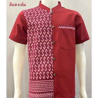 เสื้อผ้าฝ้ายพิมพ์ลายขิด-ชายแขนสั้น-สีแดงแต่งลายดำ