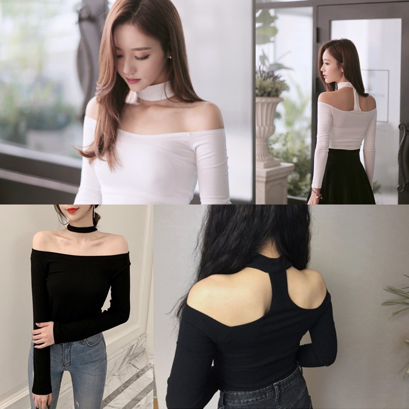ราคาถูกที่สุดเสื้อยืดแขนยาวคอกลมปาดไหล่ แต่งโช้คเกอร์