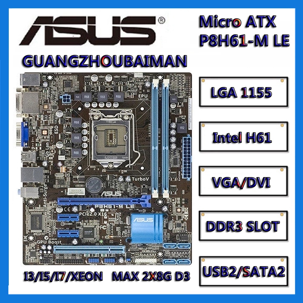 เมนบอร์ด มือสอง สําหรับ ASUS H61 DDR3 P8H61-M LE USB3 LX LX2 LX3 plus 2.0 PRO Micro ATX LGA 1155