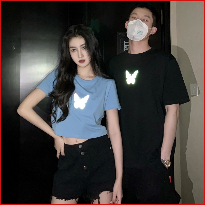 POOHPAND เสื้อยืดสะท้อนแสง Oversize แฟชั่น สไตล์เกาหลี พิมพ์ลายผีเสื้อ โดดเด่นมาก #8018
