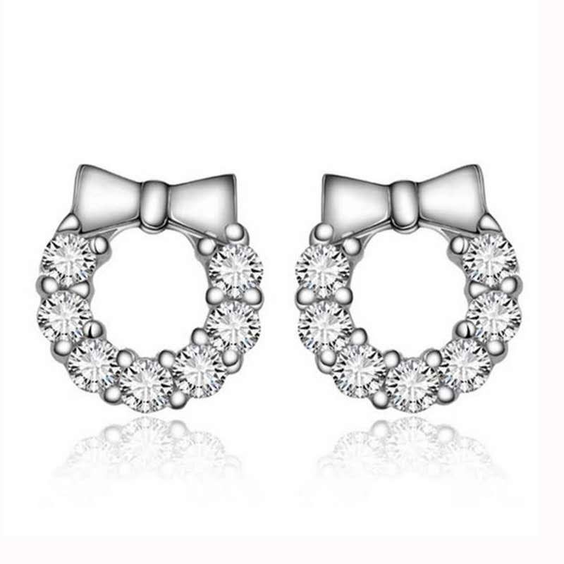 SSA Luxury Hollow 925 เงินสเตอร์ลิง Bowknot Stud ต่างหูเพทาย AG4