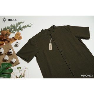 เสื้อแขนสั้นลำลอง สีเขียวม้า Mens casual mandarin collar shirt short sleeve