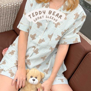 — Teddy Bear Pajamas in Baby Blue🧸🧺✨ชุดนอนแขนสั้นขาสั้น ชุดนอนลายหมี