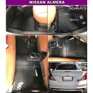 พรม6D VIP NISSAN ALMERA หนังสีดำด้ายฟ้า เต็มคัน เข้ารูป 3ชิ้น