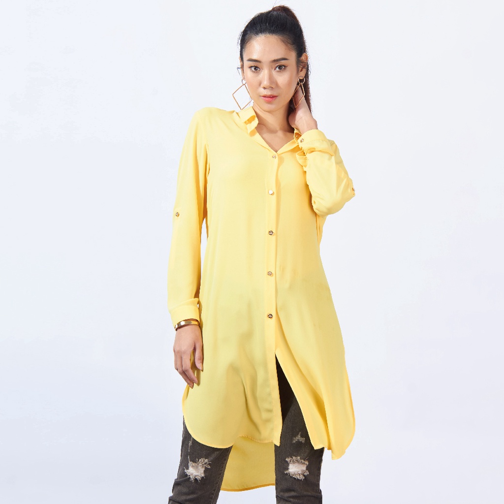 GSP เสื้อผู้หญิง เสื้อชีฟอง สีเหลือง ตัวยาว ผ่าข้าง (SS2CYE)