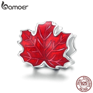 bamoer Genuine 925 Sterling Silver Maple Leaves Enamel process Original silver Charm for Brand DIY Bracelet Jewelry BSC335