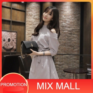 MixMall ชุดเดรสสั้น เดรสแขนสี่ส่วน เดรสเว้าแขน ชุดเดรสพร้อมเข็มขัดผูกเอว Semi Off-Shoulder Casual Womens Dress