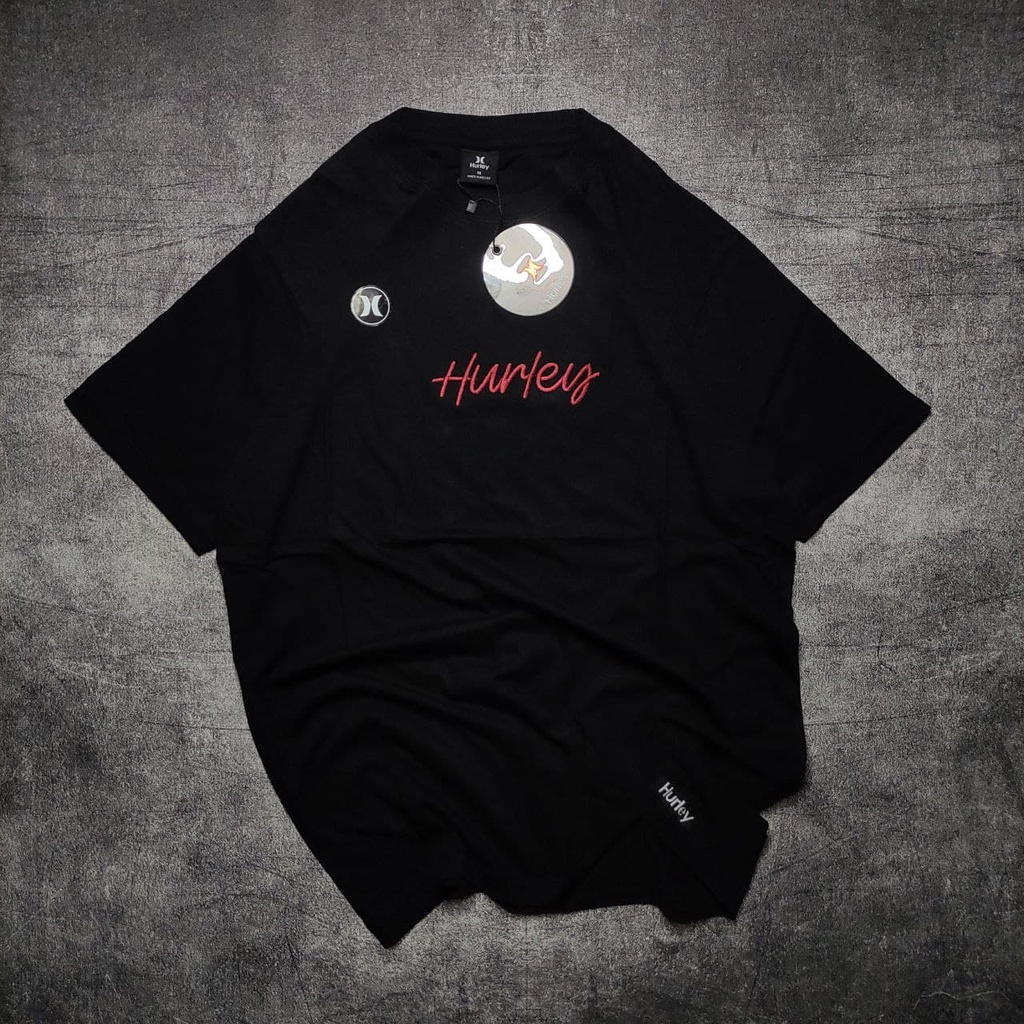 HITAM สีดํา HURLEY เสื้อยืด EMBROIDERED MARON HURLEY TSHIRT แบรนด์ผู้ชายเสื้อยืด