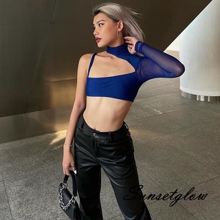 ✪HI♔Women´s One Shoulder Short Tops, Long Sleeve Solid Color Hollow-Out Crop Tops, Slim-Fit Navel Tee Tops