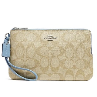 ของแท้ COACH F16109 DOUBLE ZIP WALLET IN SIGNATURE COATED CANVASSILVER/LT KHAKI/CORNFLOWER กระเป๋า สตางค์ 2 ซิบ คล้องมือ