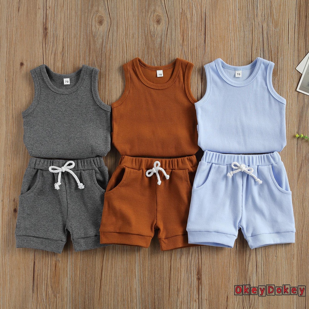 OKDK-Newborn Baby 2-piece Outfit Set Sleeveless Solid Color Tops+Shorts ...