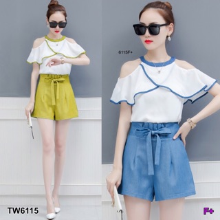 TwinsShopVip💗พร้อมส่ง TW6115 Set 2 ชิ้น เสื้อเว้าไห่ล+กางเกงขาสั้นผูกโบว์