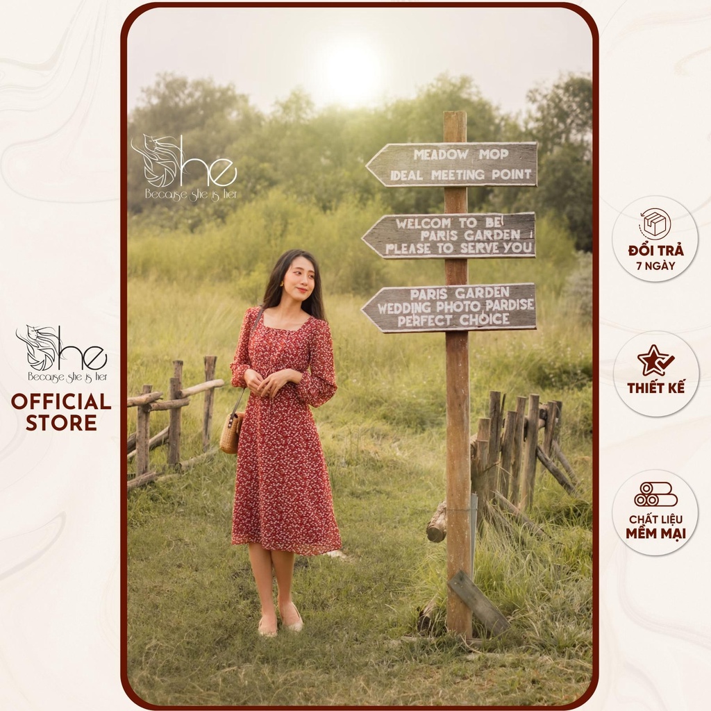 เธอเดรสเดรสคอเหลี่ยมเดรสลายดอกไม้แขนยาวแฟชั่นสําหรับผู้หญิง SDX103