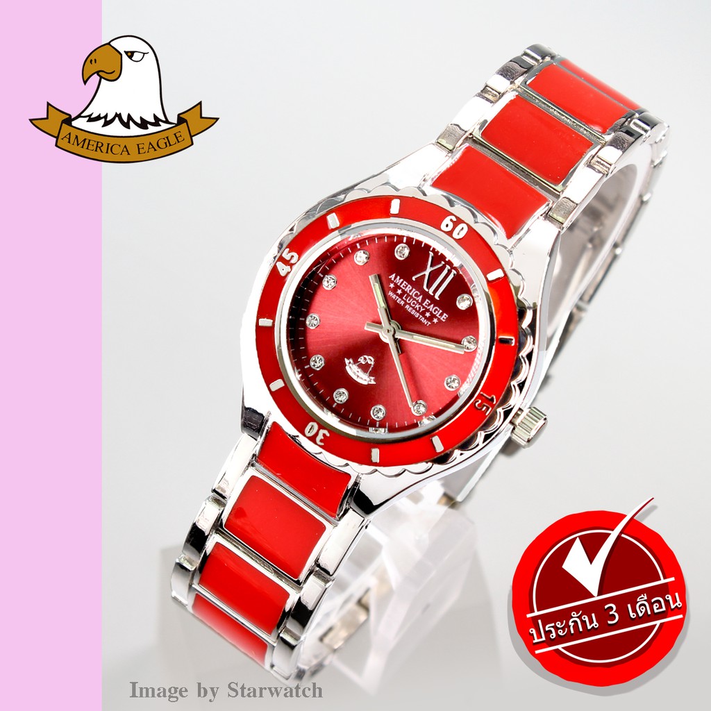 AMERICA EAGLE นาฬิกาข้อมือผู้หญิง สายสแตนเลส รุ่น AE036L -Silver/Red