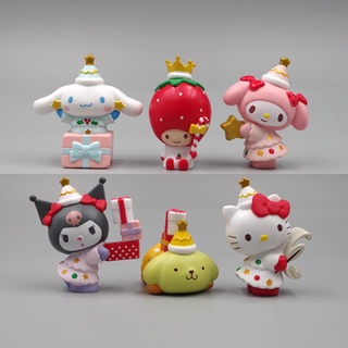 โมเดลตุ๊กตา Kawaii Kuromi Sanrio My Melody Hellow Kittys ของเล่นสําหรับเด็ก 6 ชิ้น