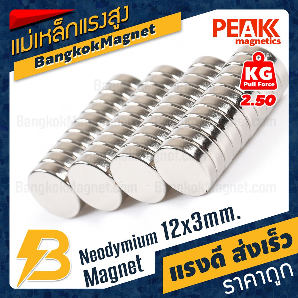 แม่เหล็กแรงดึงดูดสูง 12x3 มม. กลมแบน แรงดูด 2.50kg [1ชิ้น] PEAK magnetics แม่เหล็กราคา BK1569