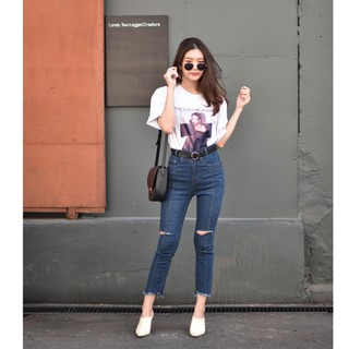 Sis story กางเกงยีนส์ ขายาว เอวสูง ขาบาน ตัดต่อหน้า ผ้ายืด สีกรม SIS 326 Latte Panelled Flare Jeans Deep blue