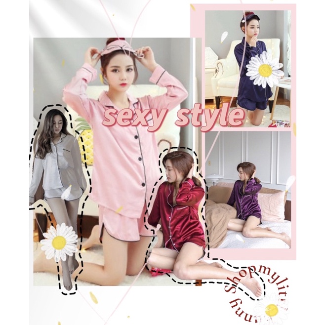.พร้อมส่งจากไทย * ชุดนอนผ้าซาติน-แขนยาวขาสั้นเว้าข้าง ใส่สบาย มีวิดิโองานจริงค่ะ W003