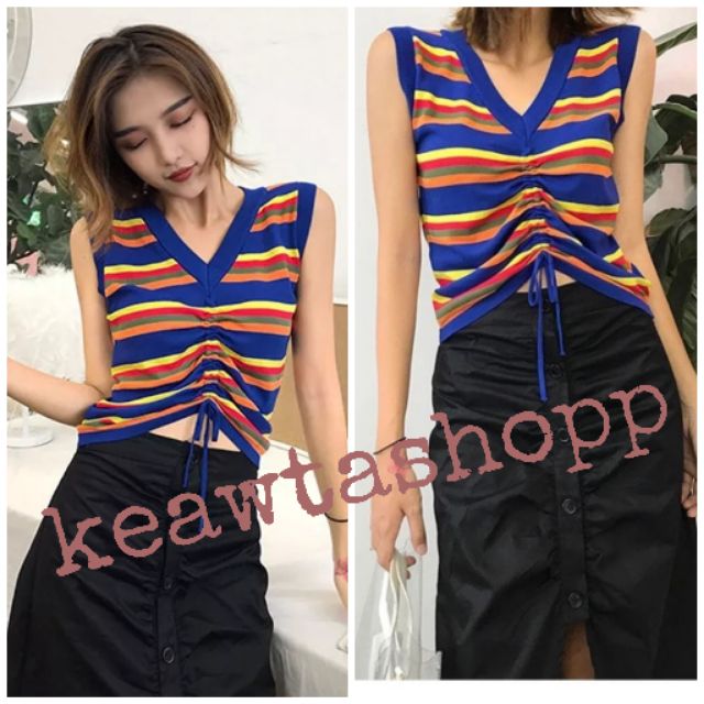 เสื้อครอป แขนกุด รูดหน้า สีสลับ เสื้อไหมพรม เสื้อรูดหน้า ครอปไหมพรม ...