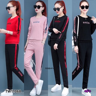 G11068 Set 2 ชิ้น เสื้อแขนแถบกำมะหยี่ + กางเกงขายาวแถบข้าง