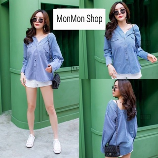 MONMON SHOP 😀 MON5544 เสื้อเชิ้ตผ้ายีนส์ฟอกนิ่ม ลายริ้ว เปิดไหล่ด้านหลังแต่งสม๊อคยืด งานน่ารักมากๆนะคะ ใส่ปล่อยๆก็สวยค่ะ