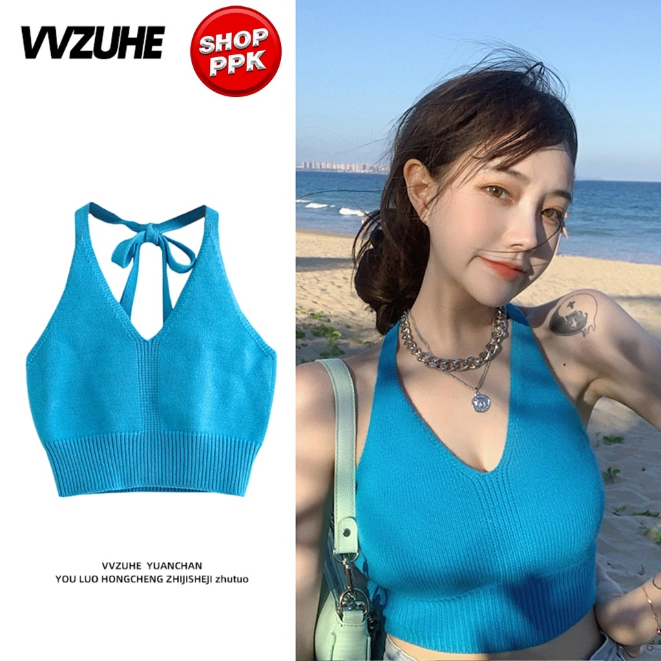 PPK-01  เสื้อไหมพรมผูกคอ โชว์แผ่นหลัง เซ็กซี่ แซ่บมาก ยืดได้ ใส่สบาย เรียบๆ สำหรับผู้หญิง