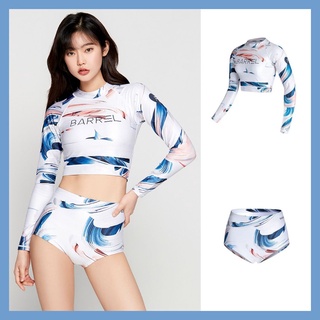 [ผญ] เสื้อว่ายน้ำ แขนยาว ครึ่งตัว กางเกงบิกินี่ เอวสูง เก็บทรง กันยูวี Crop Rashguard Top High Waist Bikini Bottom