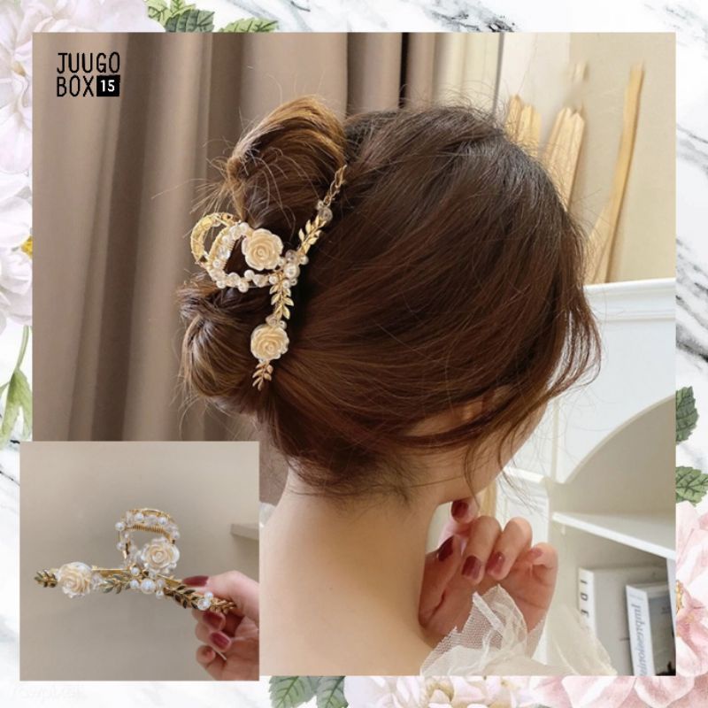 J3 - กิ๊บติดผมคุณภาพสูง Jidai Gold Flower Leaf Design เพิร์ลคริสตัลสไตล์ยุโรปฝรั่งเศส