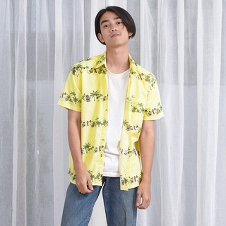 Mr.687 เสื้อเชิ้ตผู้ชายแขนสั้น ลายฮาวาย Hawaii Yellow Stripe สีเหลือง