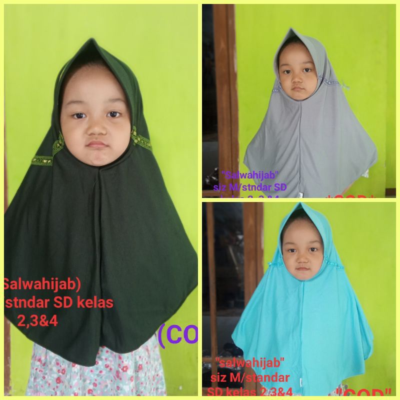 Side Drawstring School Hijab//Elementary School Childrens Hijab (M) เกรด 2 3 & 4 Instant Hijab