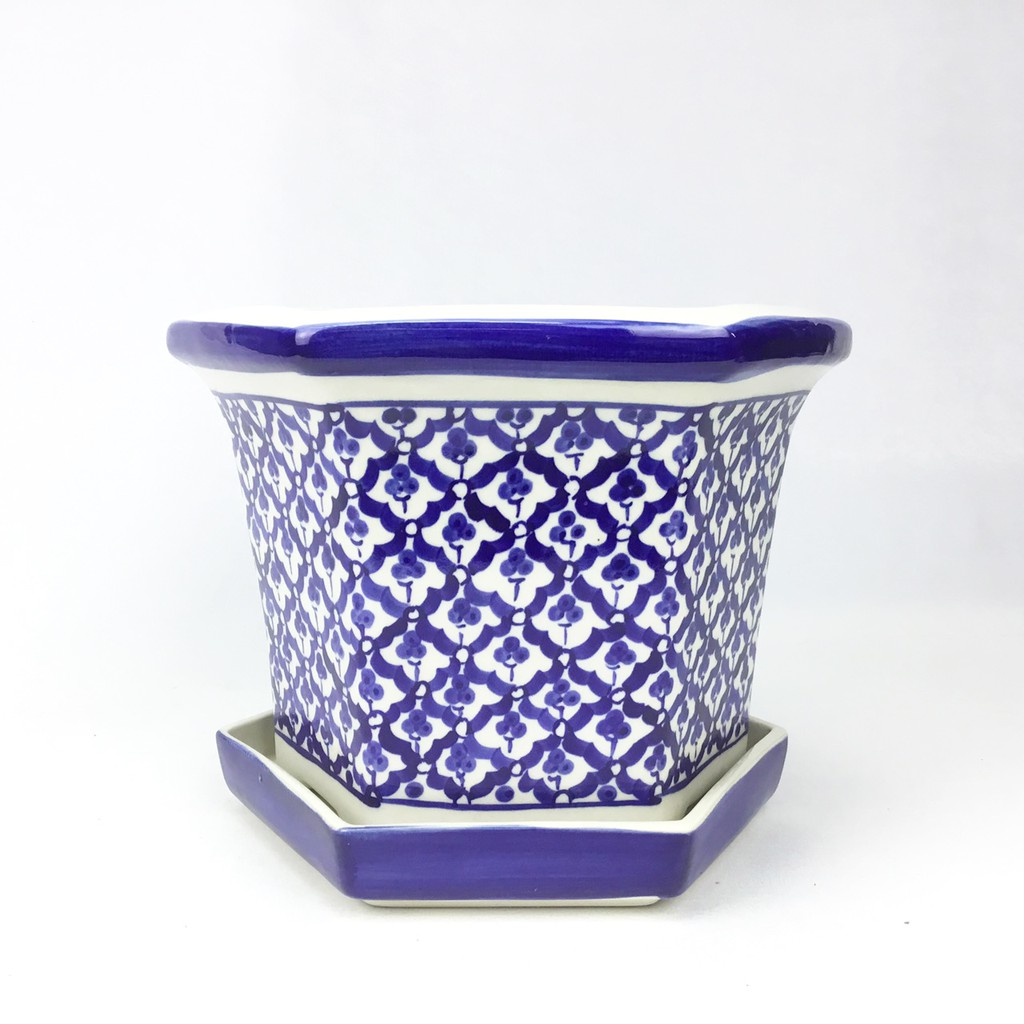 กระถางต้นไม้ กระถางลายคราม พร้อมจานรอง กระถางปลูกต้นไม้สวยๆ