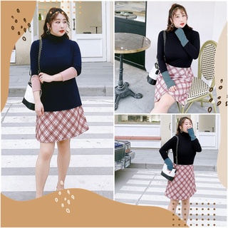 PMSWEET PLUSSIZE : PM3360 : พร้อมส่ง เสื้อผ้าไซส์ใหญ่ คนอ้วน สาวอวบ เสื้อยืดแขนยาว คอเต่า สีทูโทน