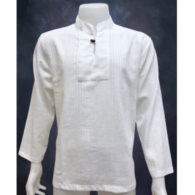 เสื้อผ้าฝ้าย ผ้าพื้นเมือง (657) คอจีน ผ่าหน้า กระดุมกะลา สีขาว แขนยาว