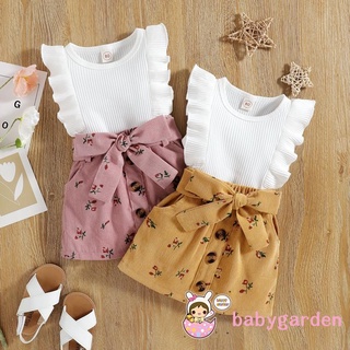 Babygarden- เสื้อแขนกุด คอกลม ลายดอกไม้ และกระโปรงสั้น สําหรับเด็กผู้หญิง อายุ 9 เดือน - 4 ปี 2 ชิ้น ต่อชุด