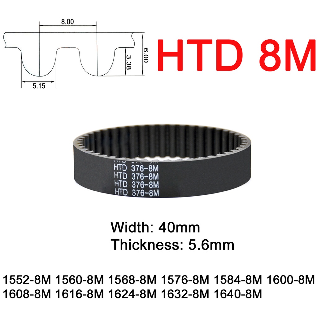 1Pc Width 40mm 8M Rubber Arc Tooth Timing Belt Pitch Length 1552 1560 1568 1576 1584 1600 1608 1616 