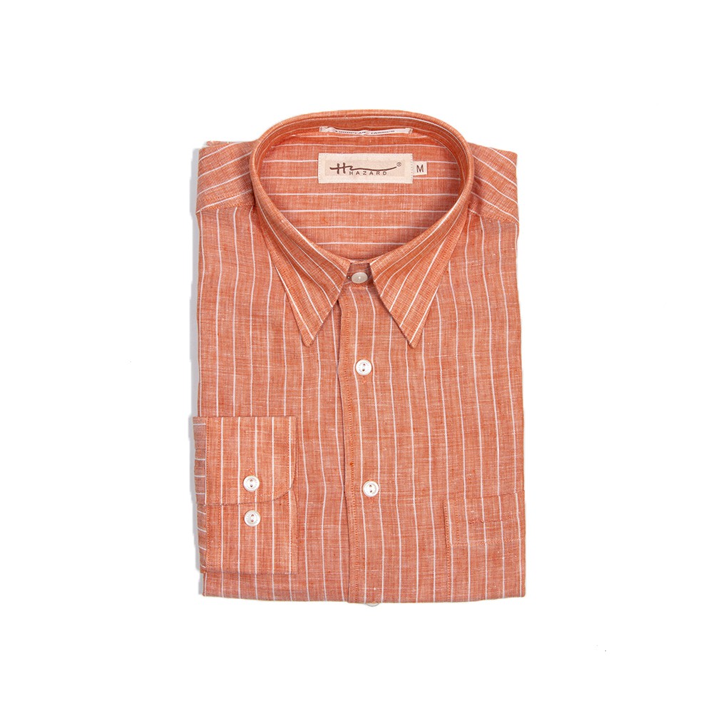 Hazard เสื้อเชิ้ตทำงานแขนยาวลายทาง ผ้า Linen(ลินิน) สีส้มกลาง