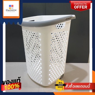 ตะกร้าผ้าใหญ่จัมโบ้ สีขาว หูลากสีเทา มีล้อ 2 ล้อWhite jumbo large laundry basket, gray pull handle, 2 wheels