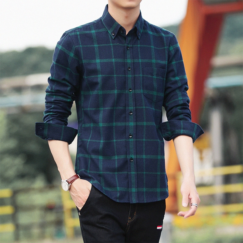 ฤดูใบไม้ผลิเสื้อเชิ้ตผ้าฝ้ายลายสก๊อตผู้ชายผอมเสื้อน้ำแนวโน้มหลาใหญ่เสื้อเชิ้ตแขนยาวชายหนุ่มรายการใหม่