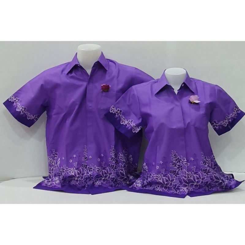 เสื้อลายไทยคอเชิ้ต - สีม่วง ลายดอกไม้ ผู้ชาย/ผู้หญิง