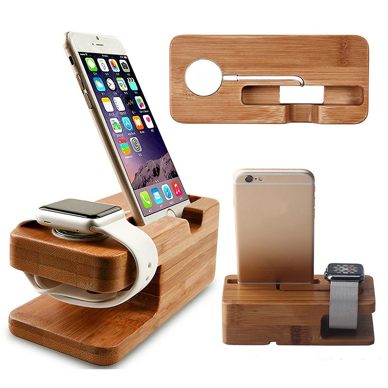 สถานีชาร์จไม้ไม้ไผ่สําหรับ iPhone Apple Watch Dock Station Stand Holder