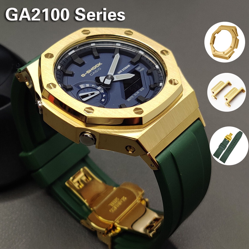 Casio G Shock GA-2100 2110 อะแดปเตอร์โลหะสเตนเลส กรอบ 2 และสายยางฟลูออโรโรร์ สําหรับอัพเกรดนาฬิกา G-Shock GA2100 GA2110