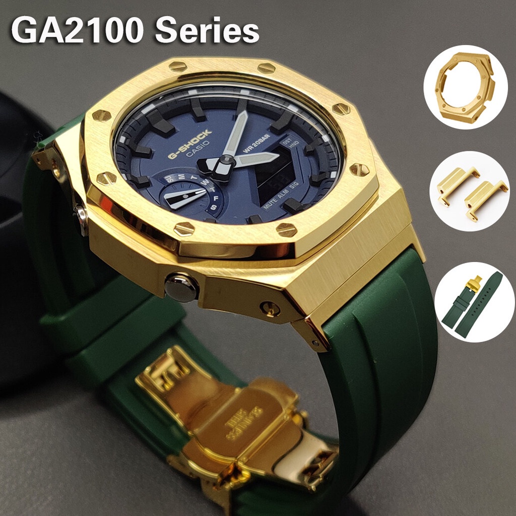 Casio G Shock GA-2100 2110 อะแดปเตอร์โลหะสเตนเลส กรอบ 2 และสายยางฟลูออโรโรร์ สําหรับอัพเกรดนาฬิกา G-